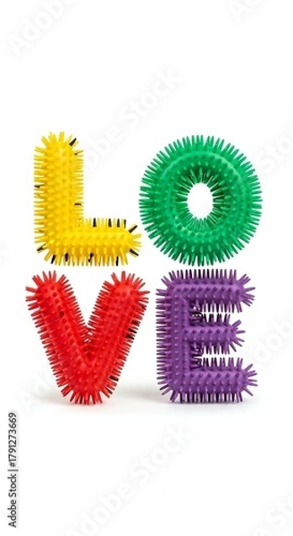 Fototapeta The image features the word 'LOVE' constructed from colorful, spiky plastic letters. Each letter is uniquely colored and textured, set against a plain white background.
