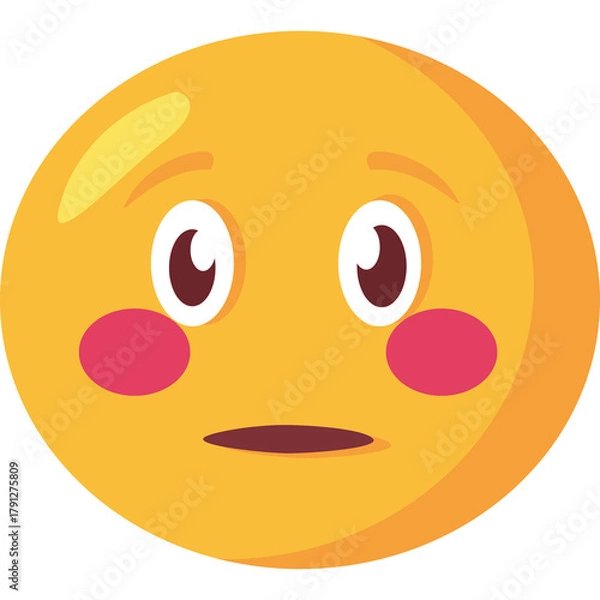 Fototapeta A distressed yellow emoji with blushing cheeks and wide eyes looks forward with a small open mouth against a clean white background in this graphic illustration