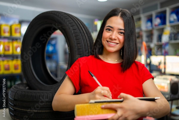 Fototapeta Smiling woman writing on clipboard, holding air filter and tire, in auto service shop