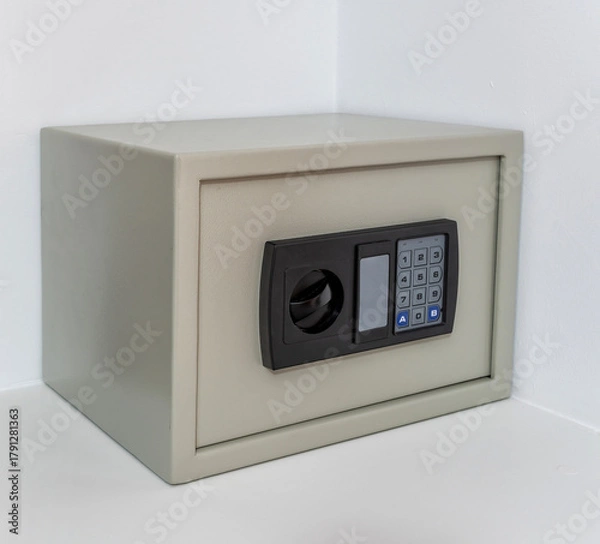 Fototapeta A modern electronic safe sits in a home corner, featuring a keypad and lock, perfect for securing money, jewelry, and important documents for safety