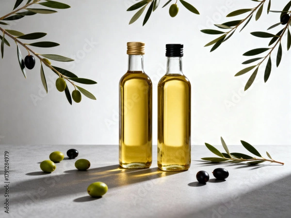 Fototapeta Two bottles of olive oil with gold and black caps surrounded by olives and olive tree branches on a table