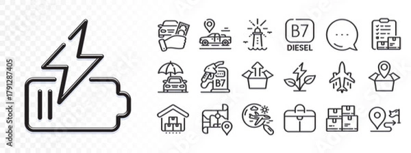 Fototapeta Car place, Send box and Car insurance line icons for web app. Glare of light effect. Message icon. Pack of Wholesale inventory, Map, Battery pictogram icons. Vector