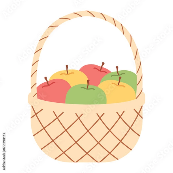 Fototapeta Simple basket filled with fresh apples symbolizing autumn harvest and seasonal abundance. For fall design, market themes and cozy lifestyle projects. Flat vector. Hand drawn. Isolated background.