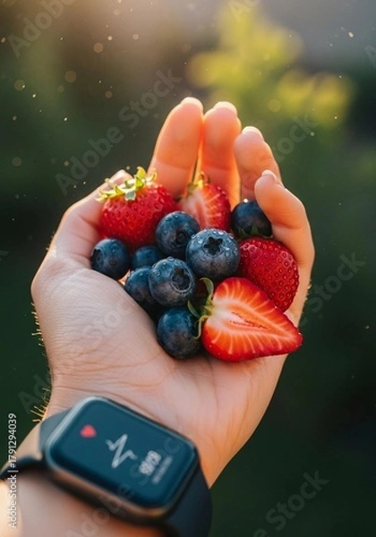 Obraz A hand holding a handful of fresh blueberries and strawberries, with a smartwatch displaying a heart rate and pulse line in the foreground, signifying health tracking and diet.