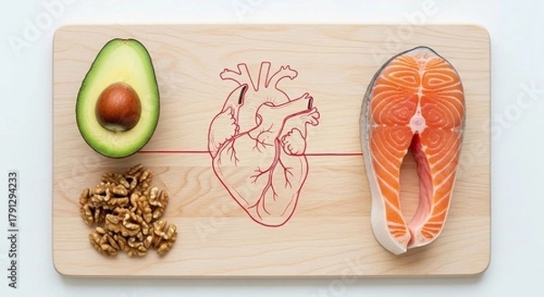 Obraz top-down view of heart-healthy foods (salmon steak, avocado, walnuts) and a stylized human heart diagram on a wooden cutting board, representing diet and cardiology.