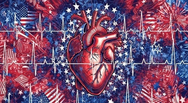 Obraz A dramatic, patriotic illustration of a human heart with an EKG line against a background featuring US flag elements, stars, and fireworks, symbolizing American health and pride.