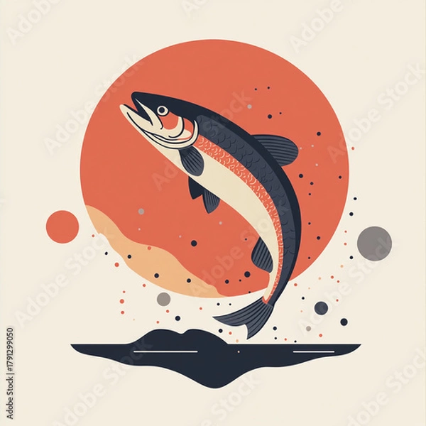 Fototapeta Colorful fish leaping in the air with abstract circle and bold design
