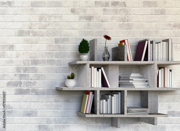 Fototapeta Shelves with books on painted white brick wall background. 3D rendering