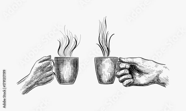 Fototapeta Hand holding a cup of tea. Black and white ink illustration, Set of Hand holding a cup of coffee. Ink black and white drawing