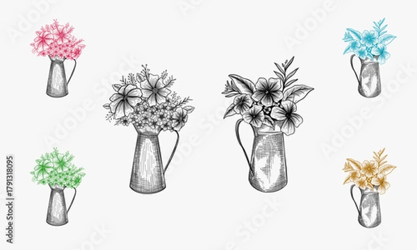 Fototapeta Bouquet of daffodils in a teapot. Sketch. Engraving style. Vector illustration