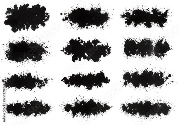 Obraz Collection of various black ink splatters and blots on a clean white backdrop, perfect for abstract designs and creative projects.