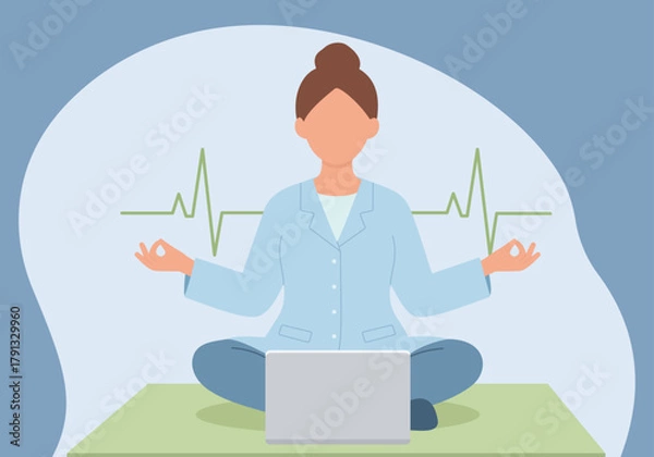 Obraz Meditating Doctor Balancing Work and Wellness in Flat Vector Style, Mindfulness in Healthcare, Work-Life Balance, Digital Meditation, Stress Relief for Professionals, Holistic Medical Practice