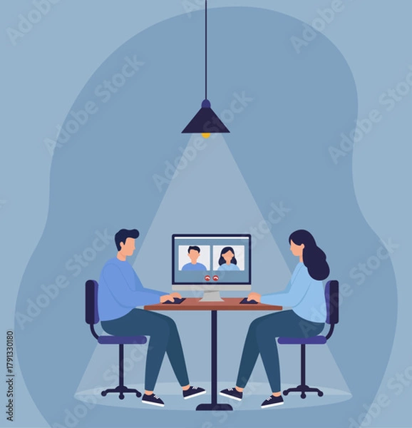 Obraz Virtual Meeting in Flat Vector Style: Two People Engaged in Online Video Call Under Hanging Lamp, Remote Collaboration, Virtual Conference, Online Communication, Digital Workspace, Video Call Interact