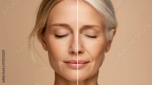 Obraz Beauty split-face concept showing youthful and aged skin comparison.