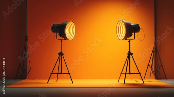 Obraz Two studio spotlights arranged before warm orange backdrop for portrait photography.