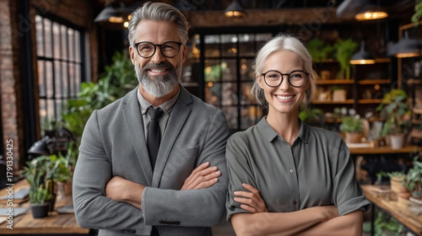 Obraz Two confident retail business owners posing together smiling in their shop.