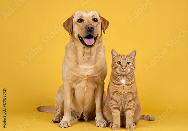 Obraz Harmony in Companionship: A Golden Retriever and a Ginger Cat Pose Together Against Yellow Backdrop