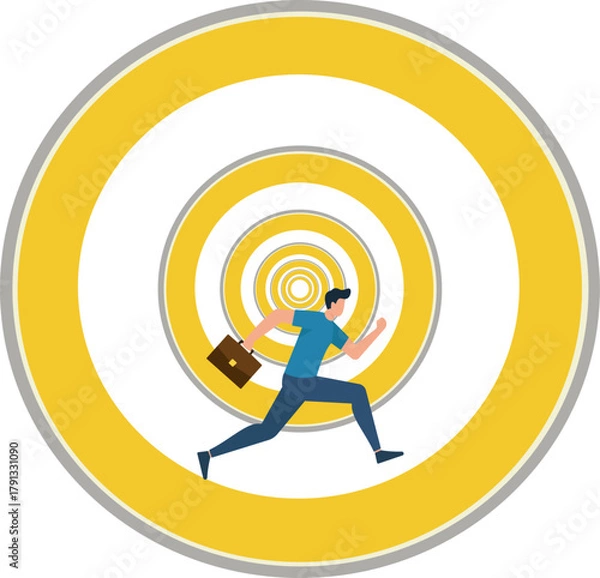 Obraz Businessman Sprinting Toward Concentric Yellow Targets in Flat Vector Style, Focus, Goal Pursuit, Achievement Drive, Target Success, Ambition Rush
