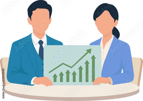 Obraz Business Team Presenting Upward Growth Chart in Flat Vector Illustration, Business Growth, Team Collaboration, Data Presentation, Success Metrics, Trend Analysis