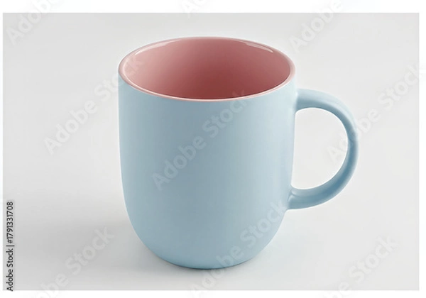 Obraz Minimalist light blue mug with a pink interior, suitable for hot beverages and everyday use, against a clean white background.