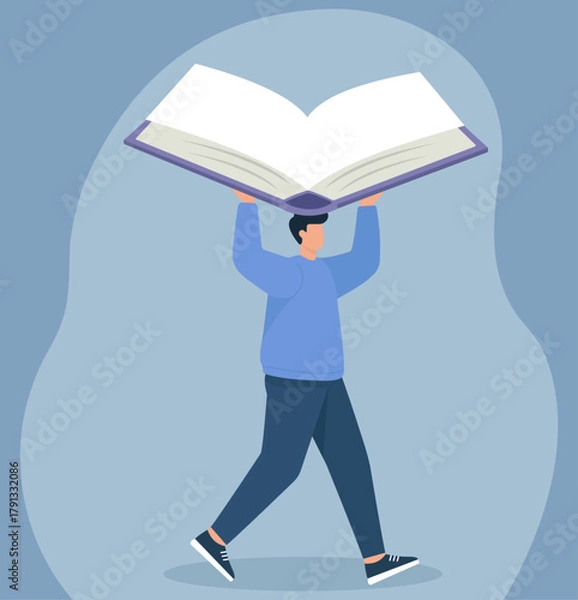 Obraz Man Walking with Giant Open Book Overhead in Flat Vector Style, Burden of Knowledge, Educational Journey, Wisdom Carrier, Learning Adventure, Intellectual Load