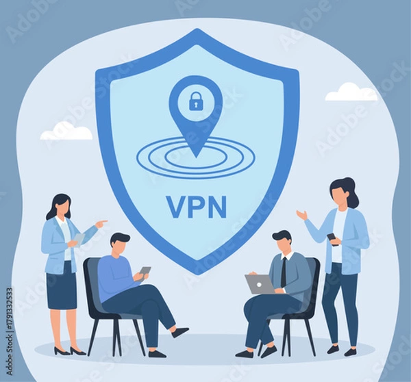 Obraz Flat Vector Illustration of Business Team Discussing VPN Security and Privacy, Privacy Protection, Secure Data Encryption, Online Anonymity, Remote Access Security, Cyber Threat Defense