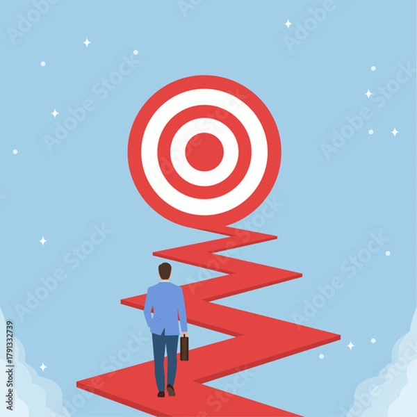 Obraz Path to Success: Businessman Climbing Zigzag Red Path Toward Bullseye Target in Starry Sky, Ambition, Goal Achievement, Career Progression, Determination, Strategic Journey