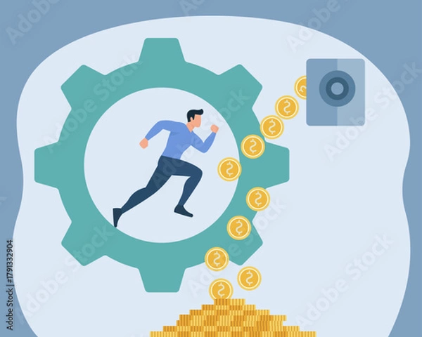 Obraz Man Running in Giant Gear Producing Euro Coins Pile, Hard Work Pays Off, Financial Productivity Machine, Wealth Generation Cycle, Economic Grind Illustration, Currency Accumulation Process