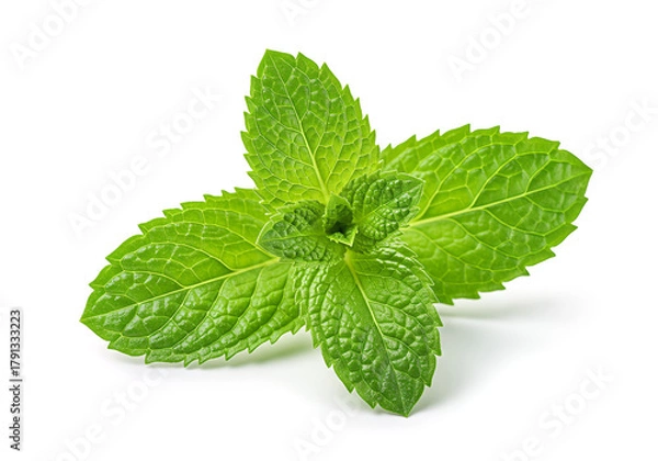 Obraz Fresh and Vibrant Sprig of Mint with Detailed Veins on a Clean White Background for Culinary and Wellness Concepts