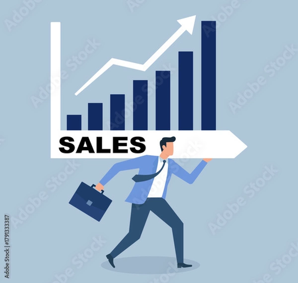 Obraz Businessman Propelling Upward Sales Graph in Flat Vector Style, Sales Growth, Business Success, Revenue Increase, Corporate Motivation, Performance Boost