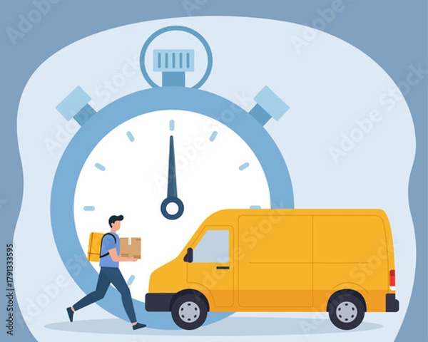 Obraz Flat Vector Illustration of a Running Courier with Package, Yellow Delivery Van, and Giant Stopwatch Symbolizing Fast Shipping, Express Delivery, Time Efficiency, Courier Service, Logistics Speed