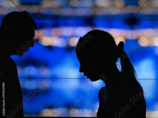 Obraz Silhouettes standing and looking down against city lights