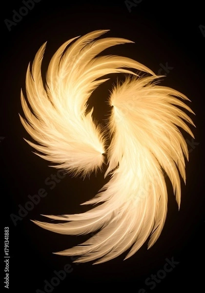 Obraz Heavenly glowing feather wings symbolizing divine spirituality, purity, and grace, radiating an ethereal golden white luminescence in abstract composition ,divinity ,wings ,serene