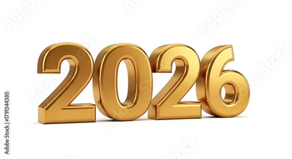 Obraz Elegant golden 2026 numerical rendering against a pristine white backdrop signifying the upcoming year.