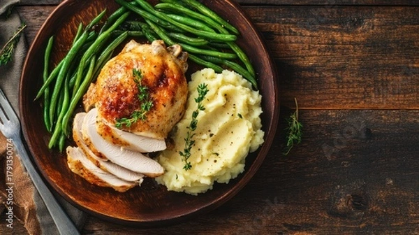 Fototapeta Golden Roasted Chicken Thigh with Mashed Potatoes and Green Beans, garnished with fresh thyme, served on a rustic plate on a dark wooden table, top view.