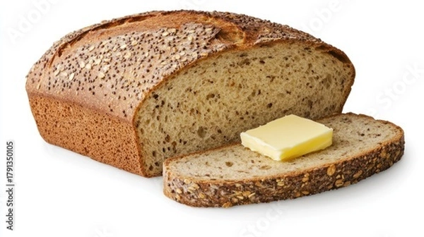 Fototapeta Rustic whole grain bread loaf and slice with a pat of butter isolated on white