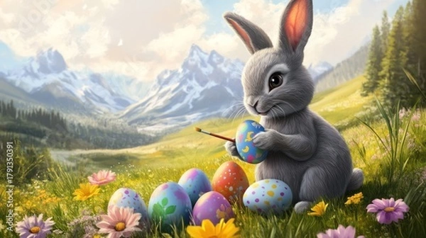Fototapeta Cute grey rabbit painting a colorful Easter egg with a brush in a spring meadow full of flowers and mountains.