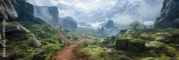 Fototapeta A mountain range with a dirt road in the middle