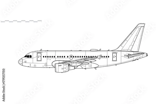 Fototapeta Airbus A318 PW6000. Vector drawing of narrow body jet airliner. Side view. Image for illustration and infographics.