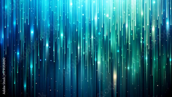 Fototapeta Abstract blue and green light streaks background dynamic flowing lines with sparkling particles modern design for wallpaper and presentations