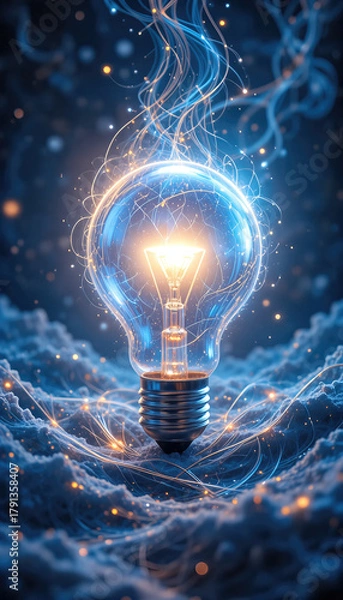Fototapeta Illuminating light bulb with ethereal energy abstract background digital art conceptual close-up creativity