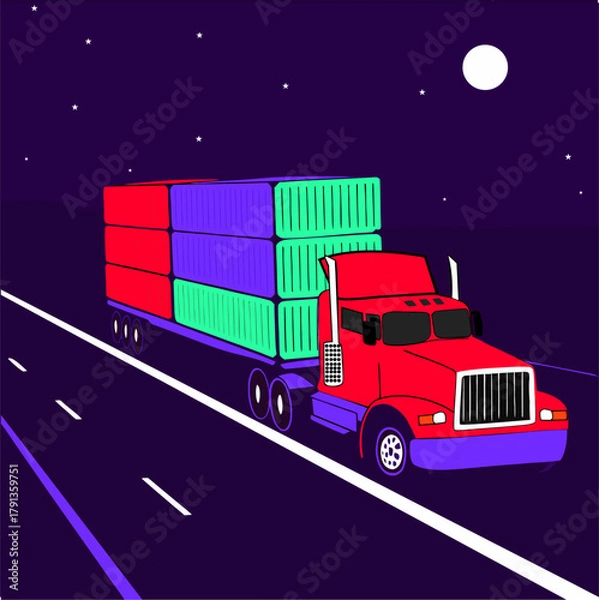 Obraz American Semi Truck on Night Highway: Vector Illustration