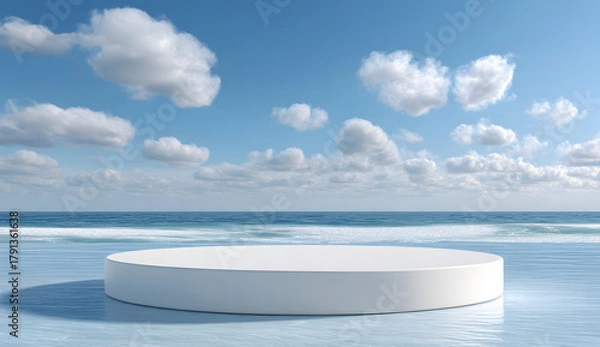 Obraz White podium stands on calm water surface with ocean horizon and fluffy clouds creating serene and minimalist scene, perfect for showcasing product or concept.