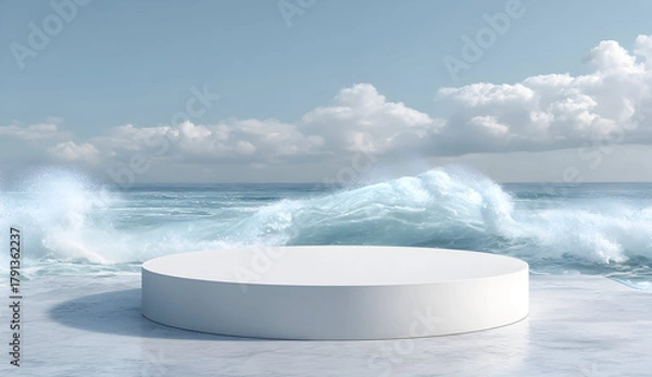 Obraz White podium stands against crashing ocean waves under a cloudy sky, creating a serene and powerful scene for product display or artistic presentation.