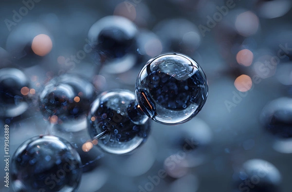 Fototapeta Abstract spheres floating in a blue liquid with bokeh lights create a mesmerizing and ethereal scene, evoking a sense of wonder and tranquility.
