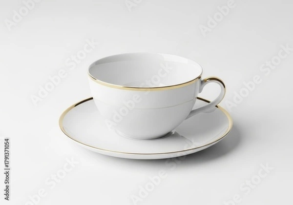 Fototapeta Elegant porcelain teacup and saucer set features delicate gold trim against a bright white background