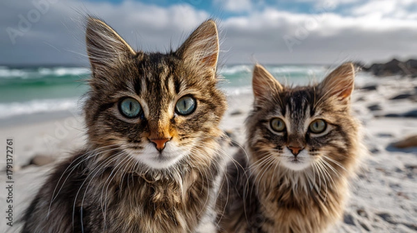 Obraz Two fluffy tabby cats sit on a sunny sandy beach with turquoise water behind them under a bright sky