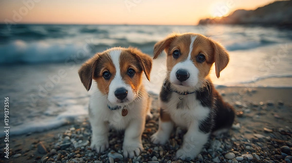 Obraz Two beagle puppies sit on a pebbled beach at sunset, with gentle waves behind them. Soft warm glow!!