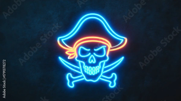 Obraz Neon pirate skull emblem glows in blue and orange, with crossed bones on a dark textured backdropion