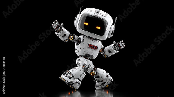 Obraz A bright white robot with glowing orange eyes performs a playful dance on a glossy black background